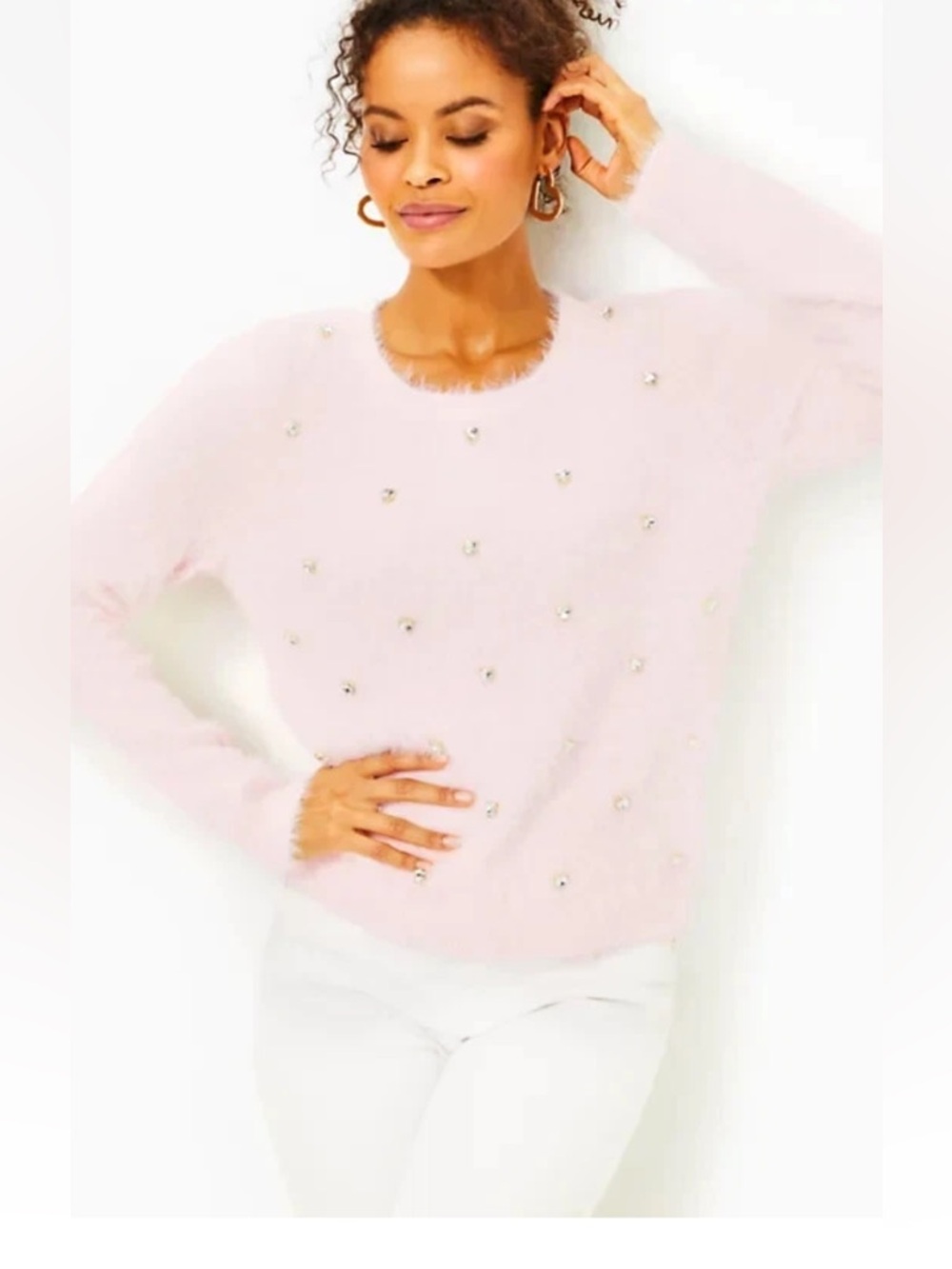 Lilly Pulitzer Blush Pink Fuzzy Crewneck Sweater with Crystal Accents